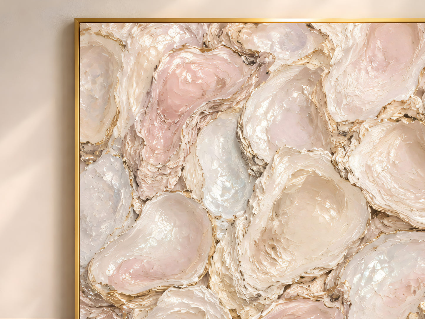 Close-up of oyster shell abstract print texture, blush pink and gold mother of pearl art