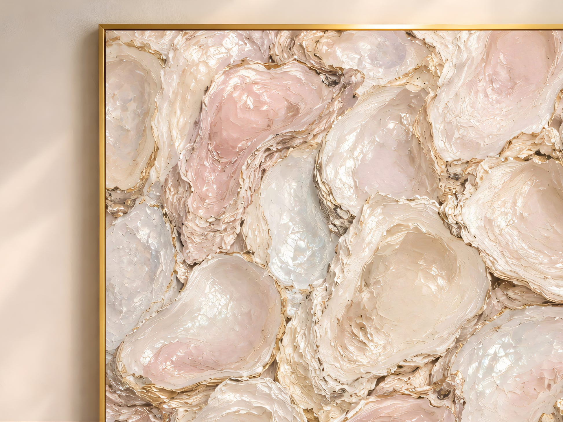 Close-up of oyster shell abstract print texture, blush pink and gold mother of pearl art