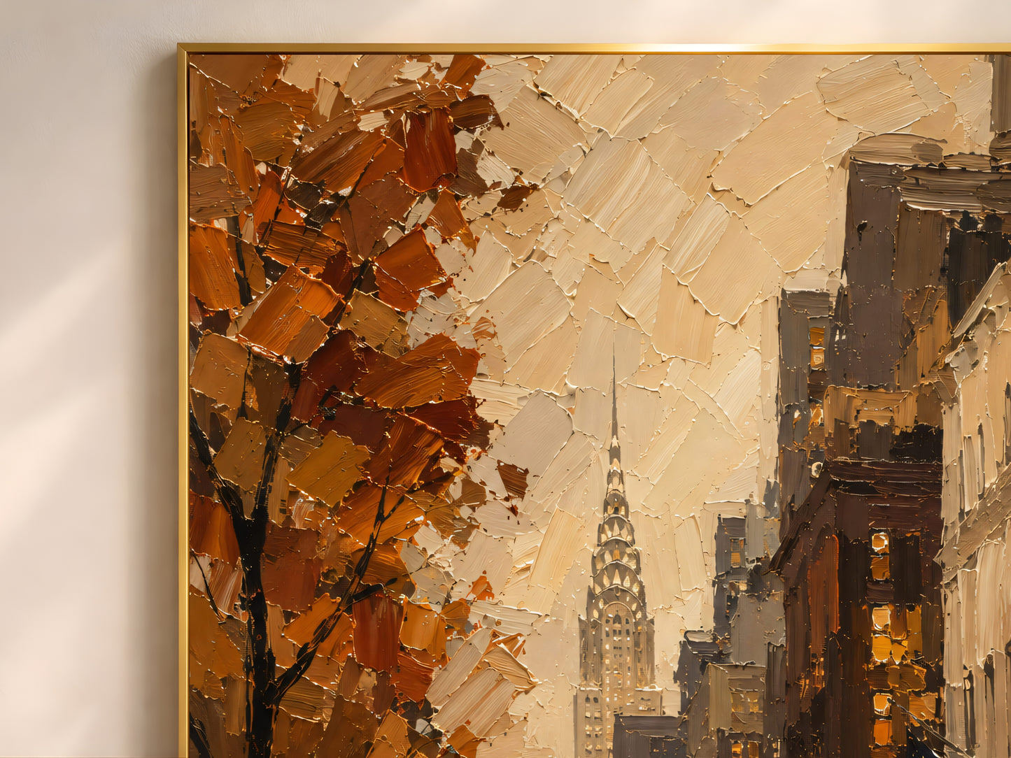 Close-up of the impasto oil painting texture showing the Chrysler Building glowing through misty autumn light in burnt orange and amber tones