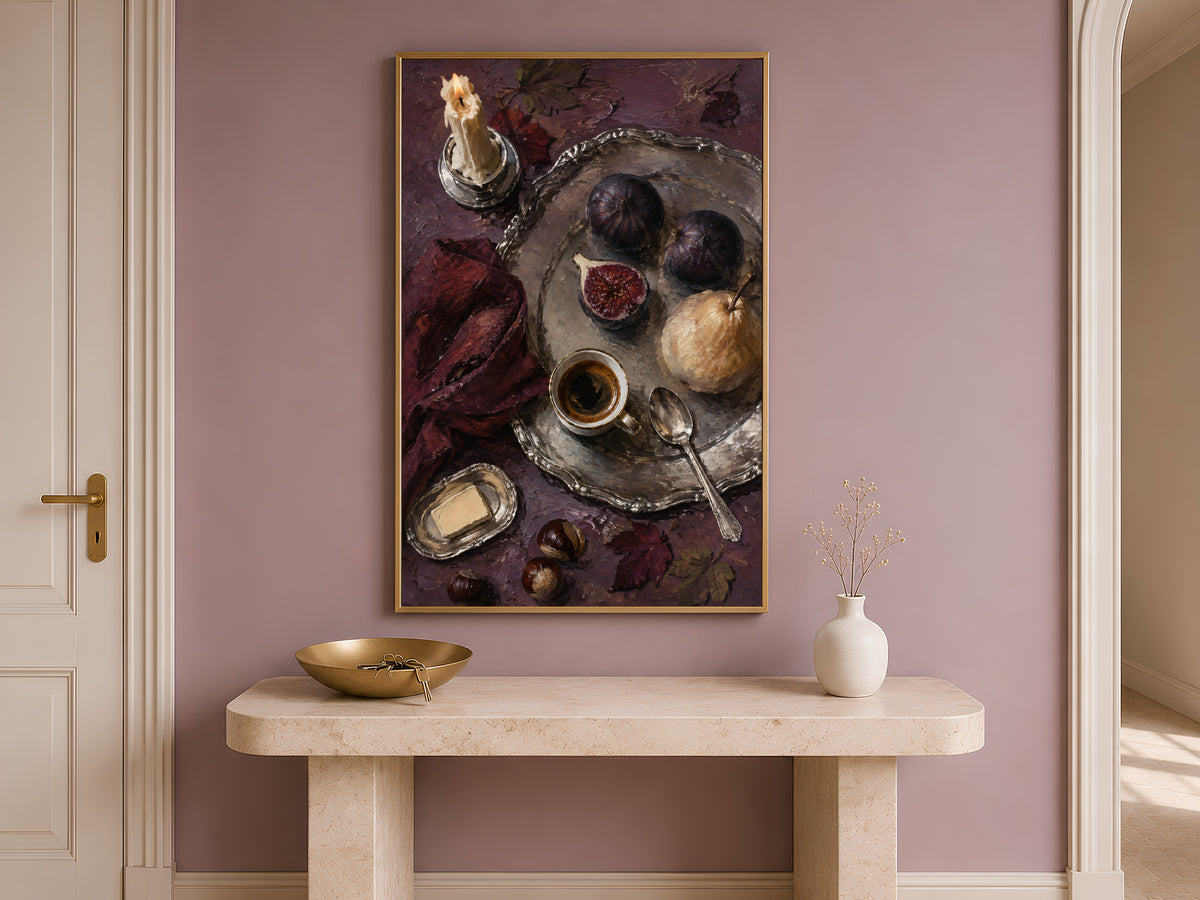 Fig still life wall art framed above console table in neutral entryway decor