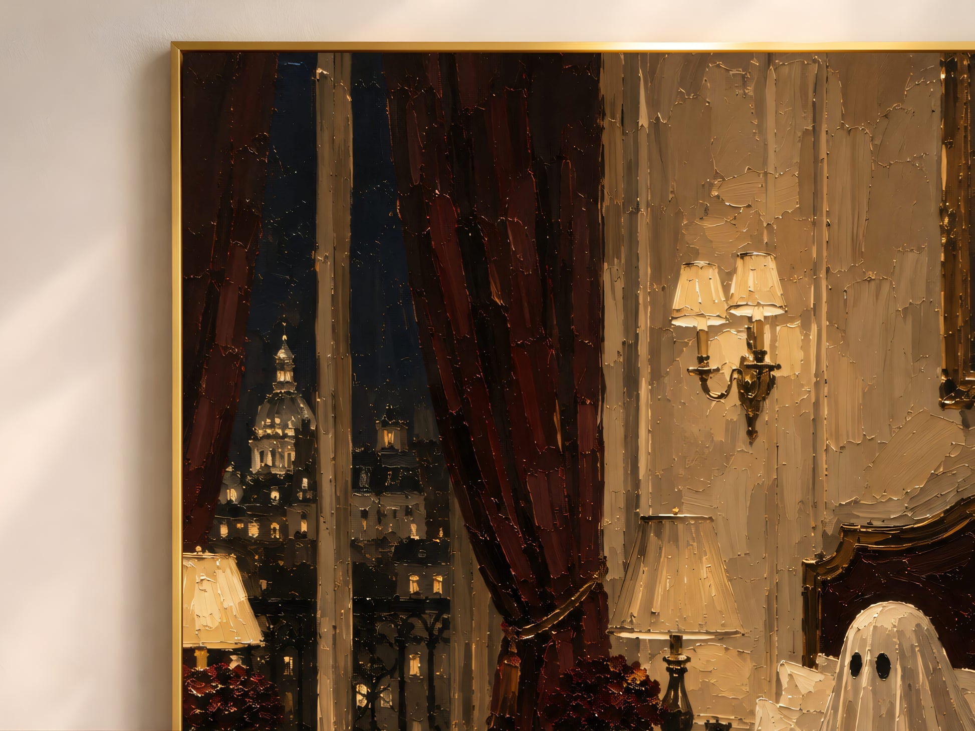 Close-up of the impasto oil painting texture showing brass sconces, velvet curtains, and a city skyline through a hotel window