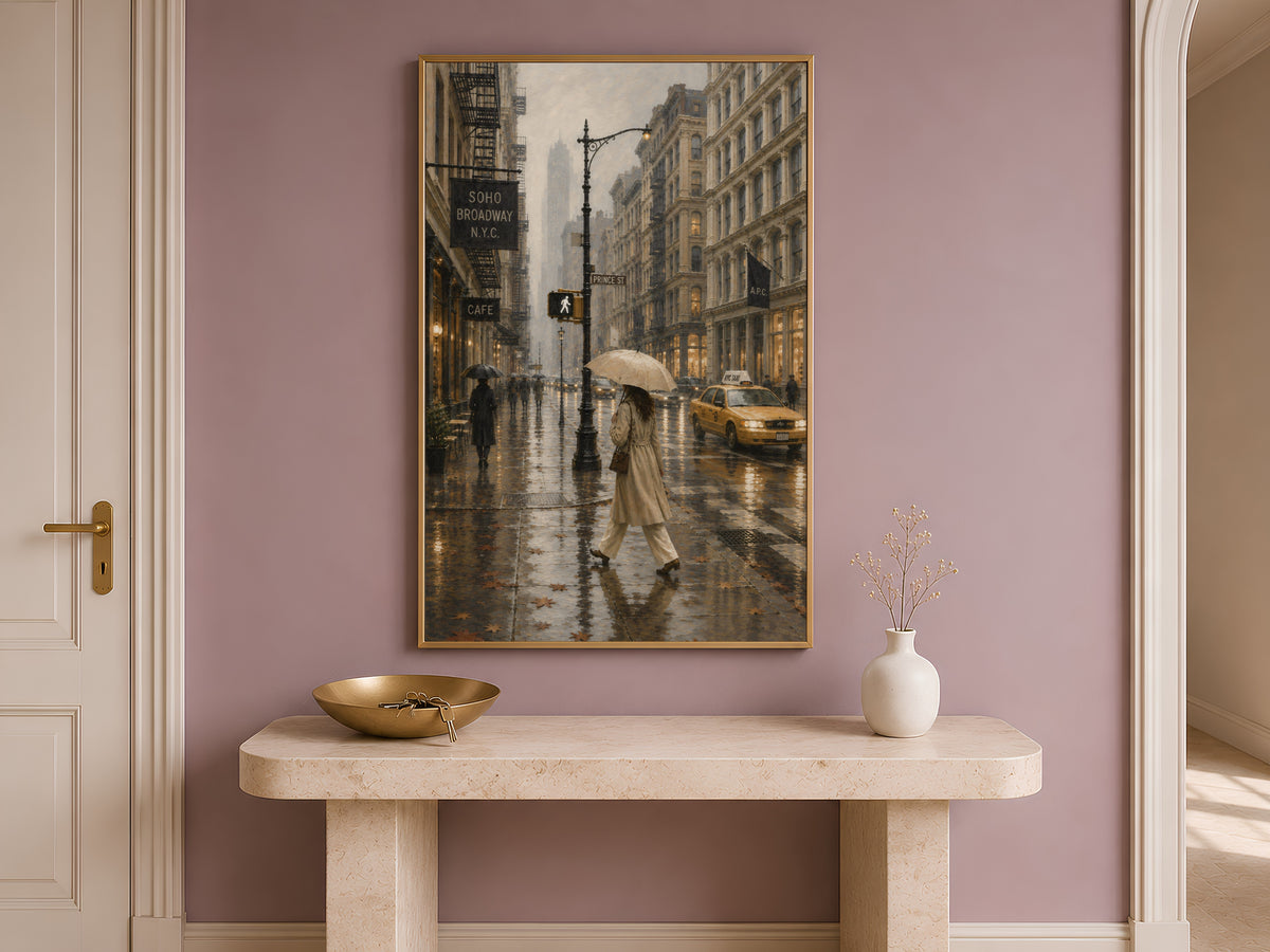 SoHo NYC wall art framed print displayed above console table in entryway