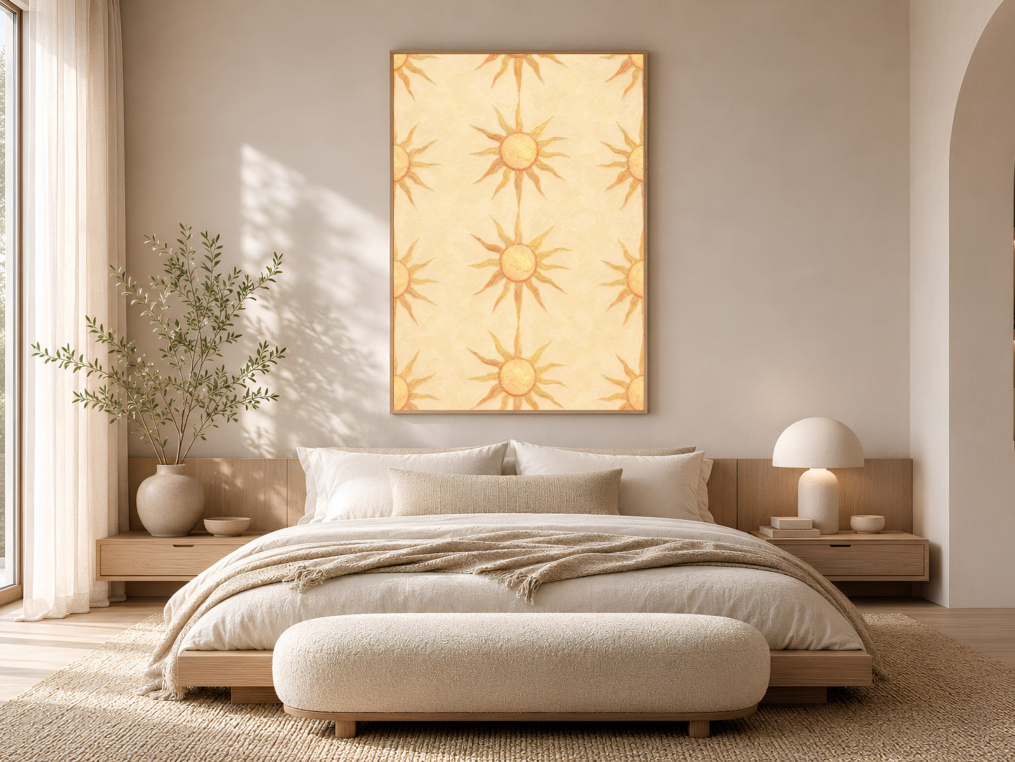 Boho sun wall art framed above a neutral bed with a boucle bench, woven nightstands, and linen bedding, butter yellow sunburst pattern.
