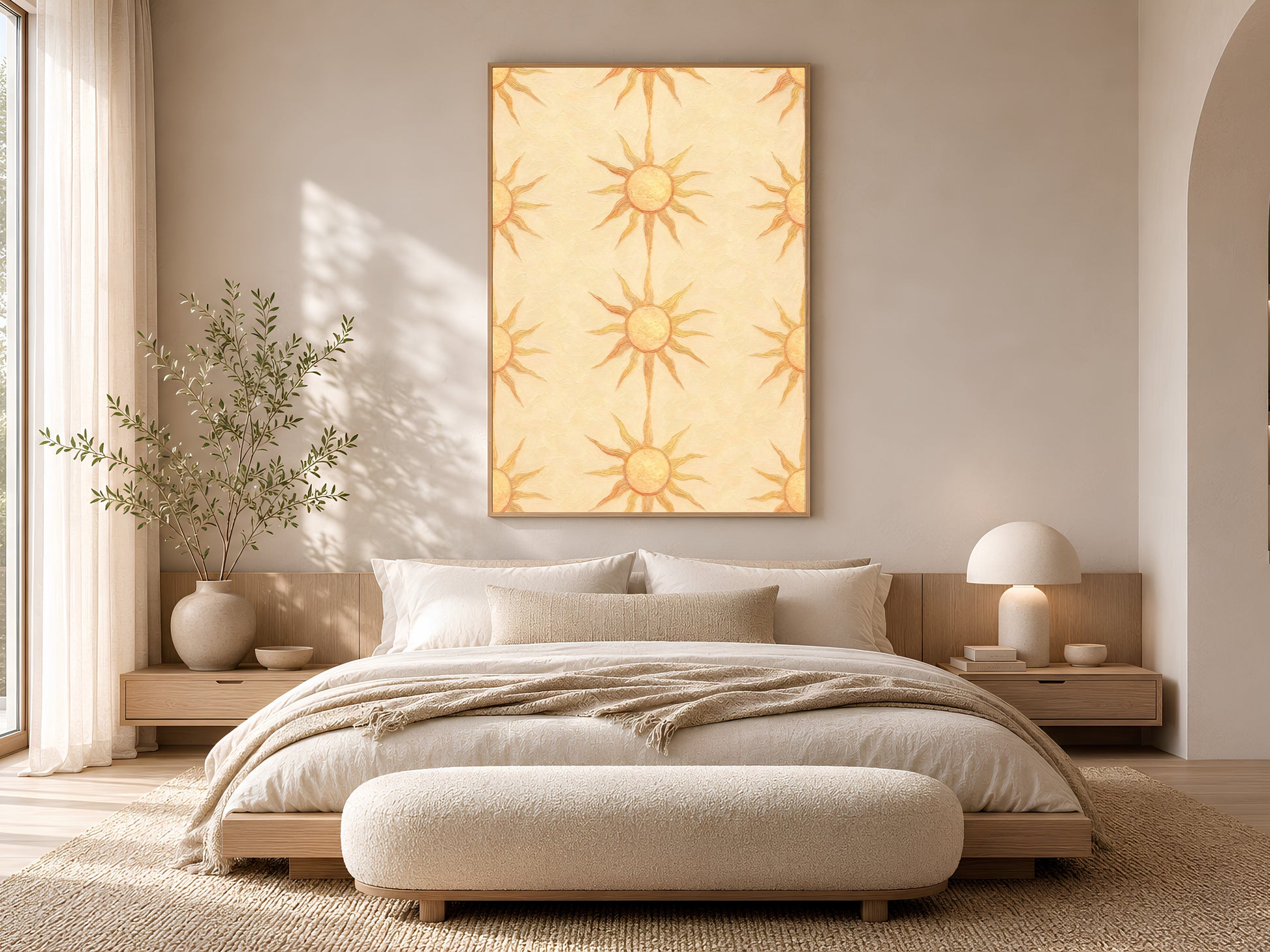 Boho sun wall art framed above a neutral bed with a boucle bench, woven nightstands, and linen bedding, butter yellow sunburst pattern.
