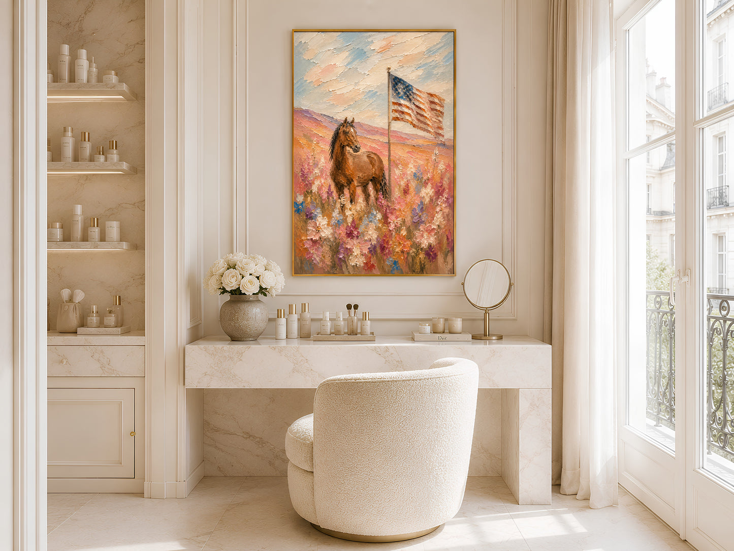 Western patriotic horse and American flag impasto painting in a gold frame displayed in a bright white bathroom with a freestanding tub, round mirror, and large window with natural light
