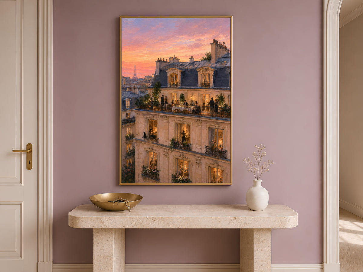 Parisian rooftop painting framed above entryway console table with vase