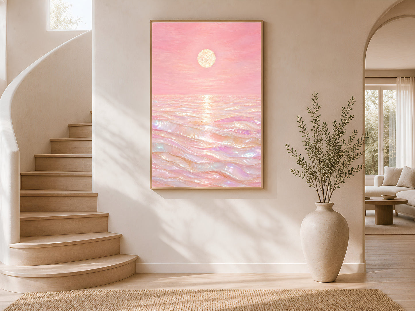Pink capiz shell ocean wall art framed on curved staircase wall with vase
