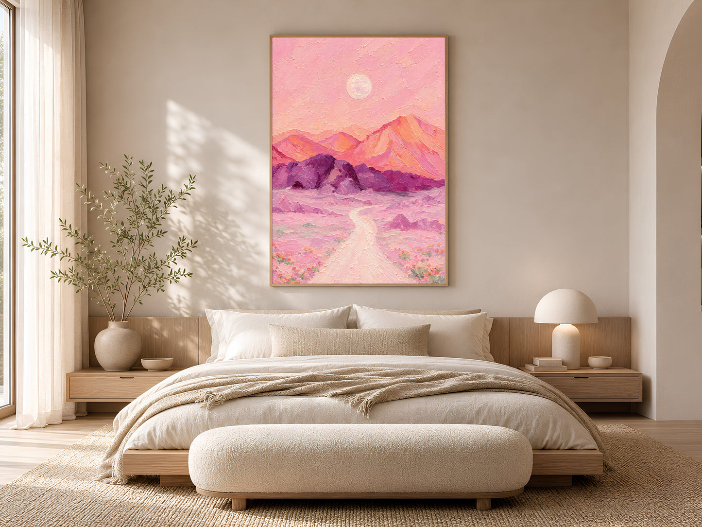 Surreal desert moon print framed above a bed in a warm neutral bedroom.
