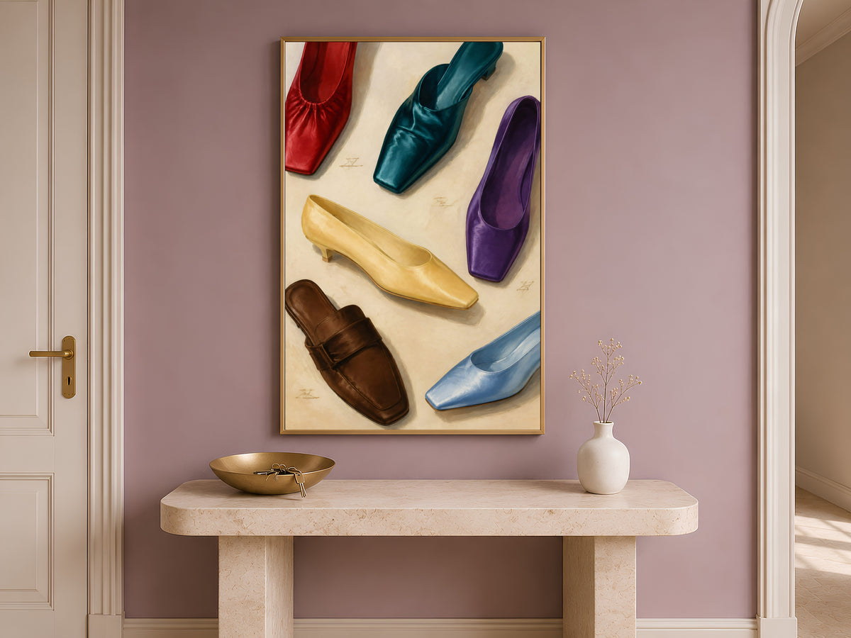Fashion wall art framed print on entryway console table