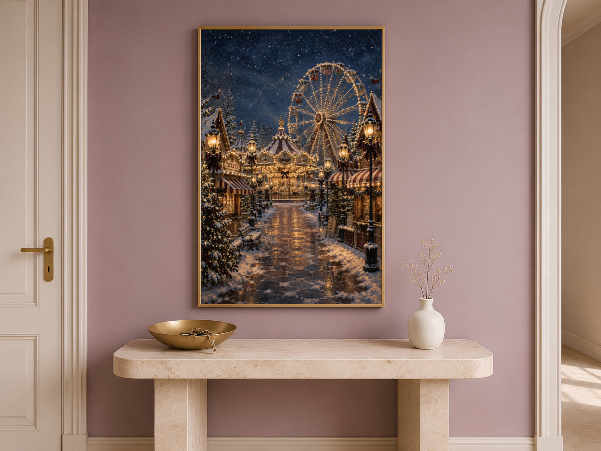 Snowy carousel Christmas print framed above a wooden console table in a hallway entryway