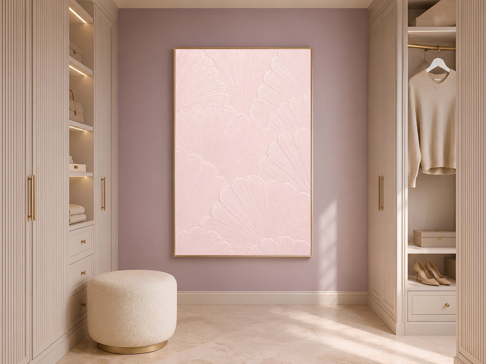 Ballet pink mosaic print in a warm neutral bedroom nook with soft ambient lighting