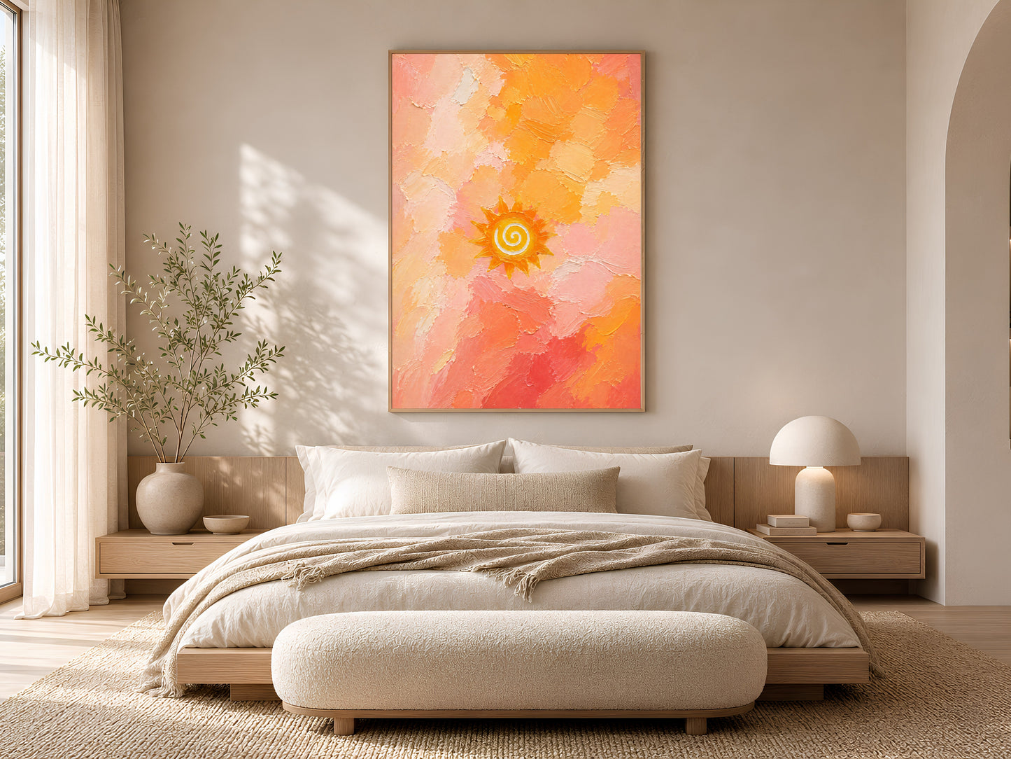 Sun spiral wall art print framed above a bed in a warm neutral bedroom.
