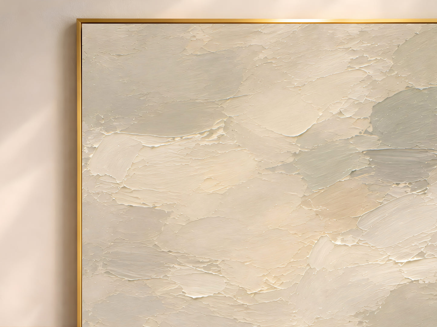 Close-up of thick impasto brushstrokes in sage green and cream on a cloudy sky landscape painting
