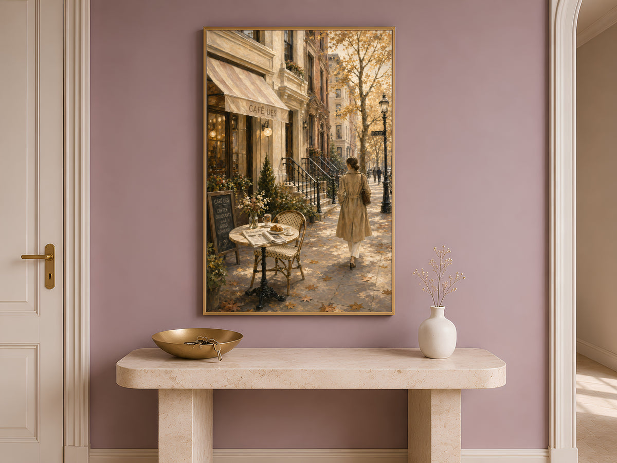 Upper East Side cafe wall art framed print displayed above console table in entryway