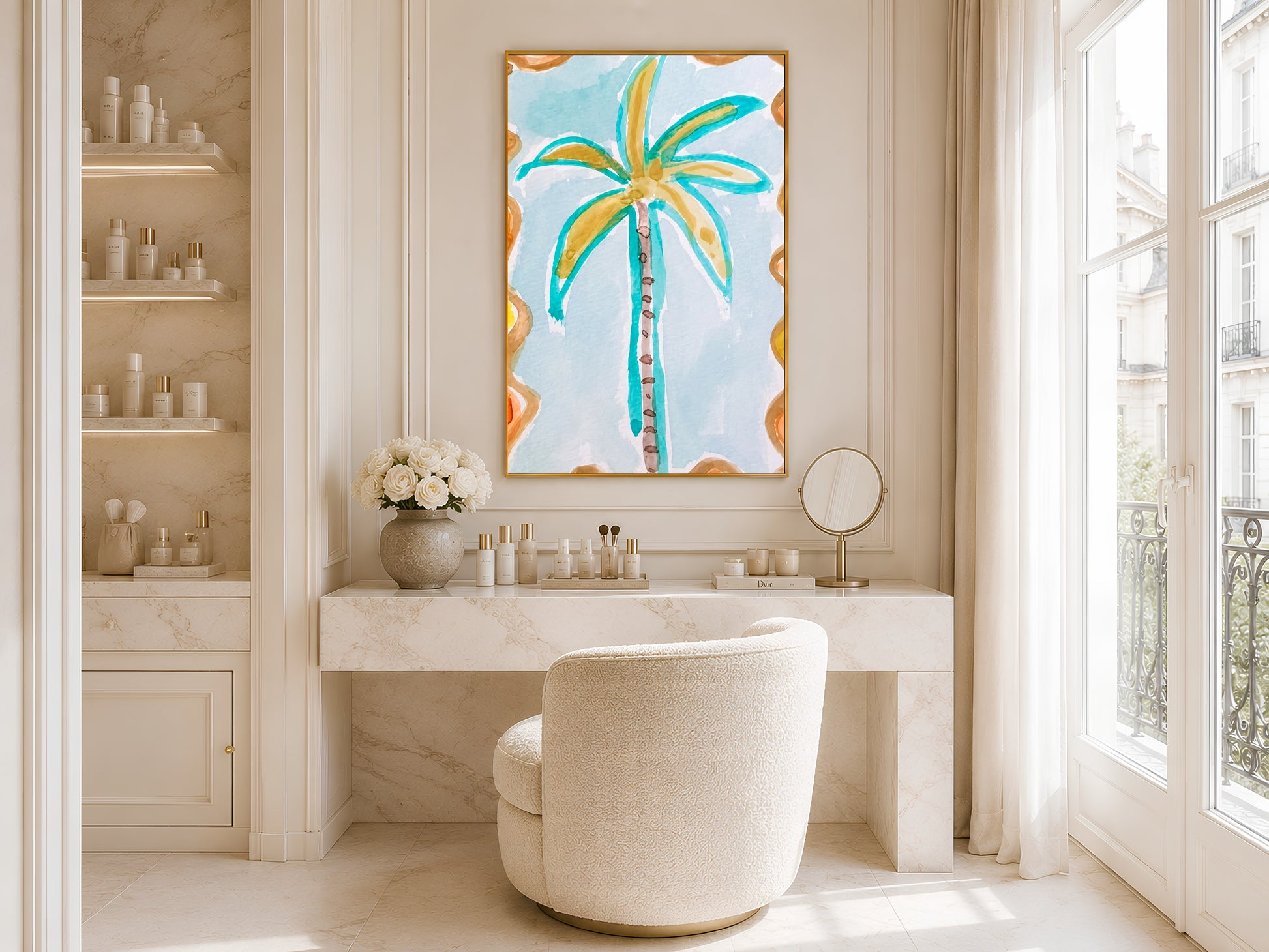 Retro palm tree wall art in a gold frame displayed in a bright white bathroom with a freestanding tub, white cabinetry, and large window with natural light
