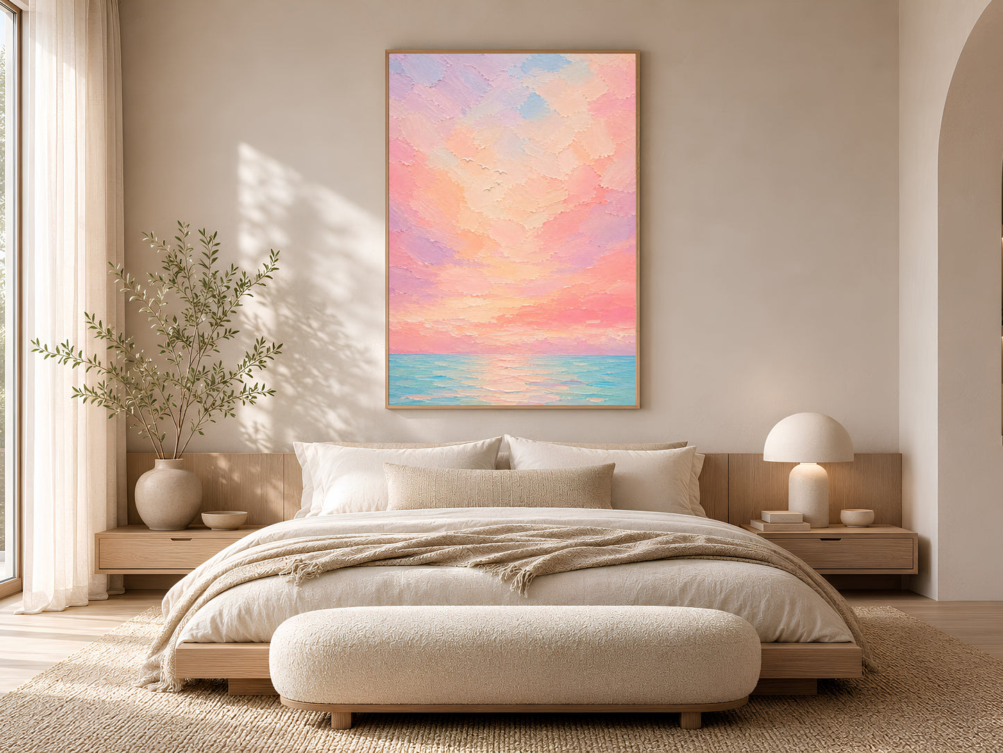 Pastel sunset ocean wall art print framed above a neutral bed with linen bedding and wood nightstands in a sunlit bedroom.
