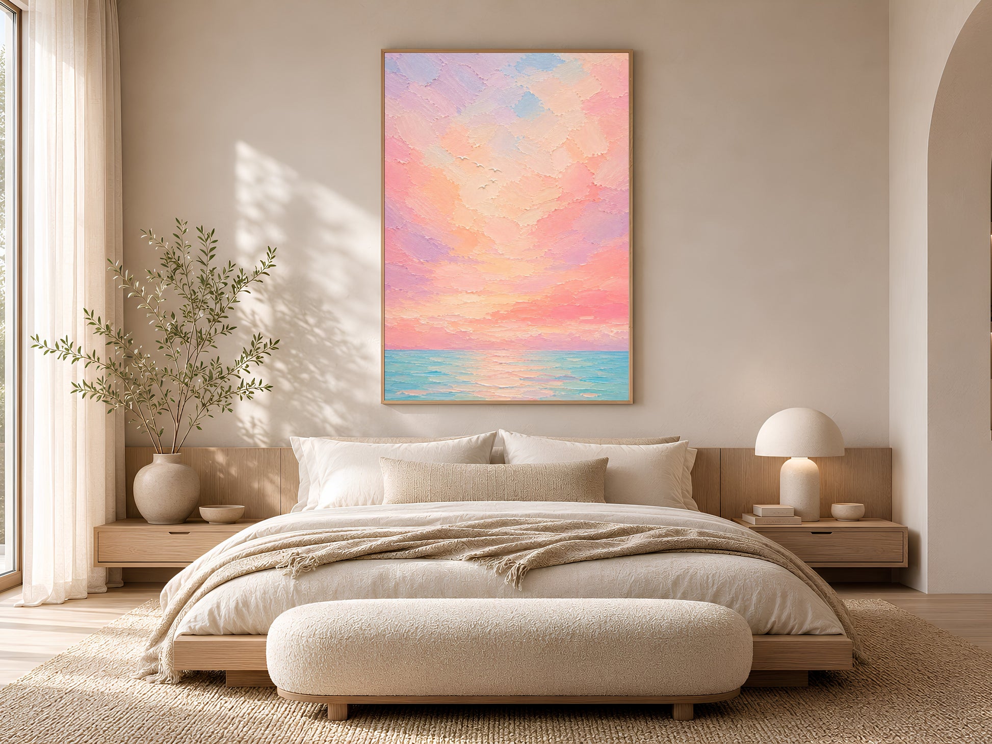 Pastel sunset ocean wall art print framed above a neutral bed with linen bedding and wood nightstands in a sunlit bedroom.
