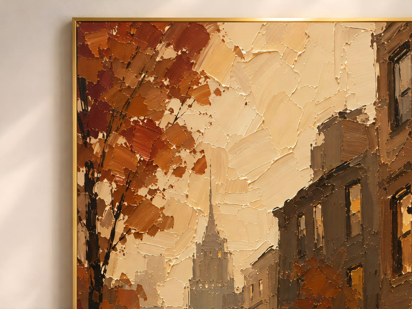 Close-up of the impasto oil painting texture showing brownstone windows glowing with warm light behind bare autumn branches