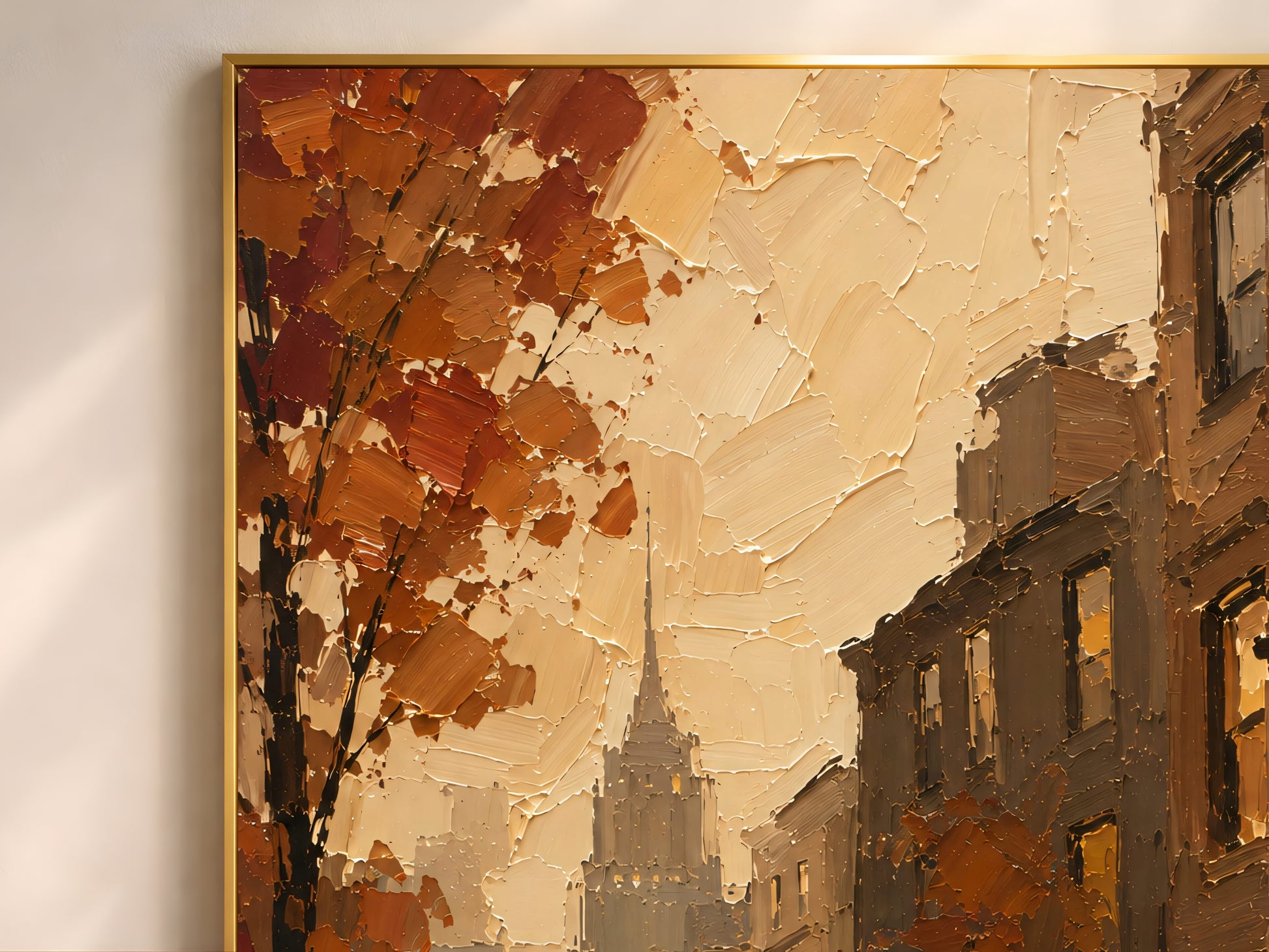 Close-up of the impasto oil painting texture showing brownstone windows glowing with warm light behind bare autumn branches