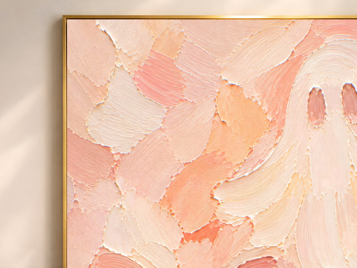 Close-up of thick impasto brushstrokes in blush pink, peach, and cream on a pastel ghost bow painting
