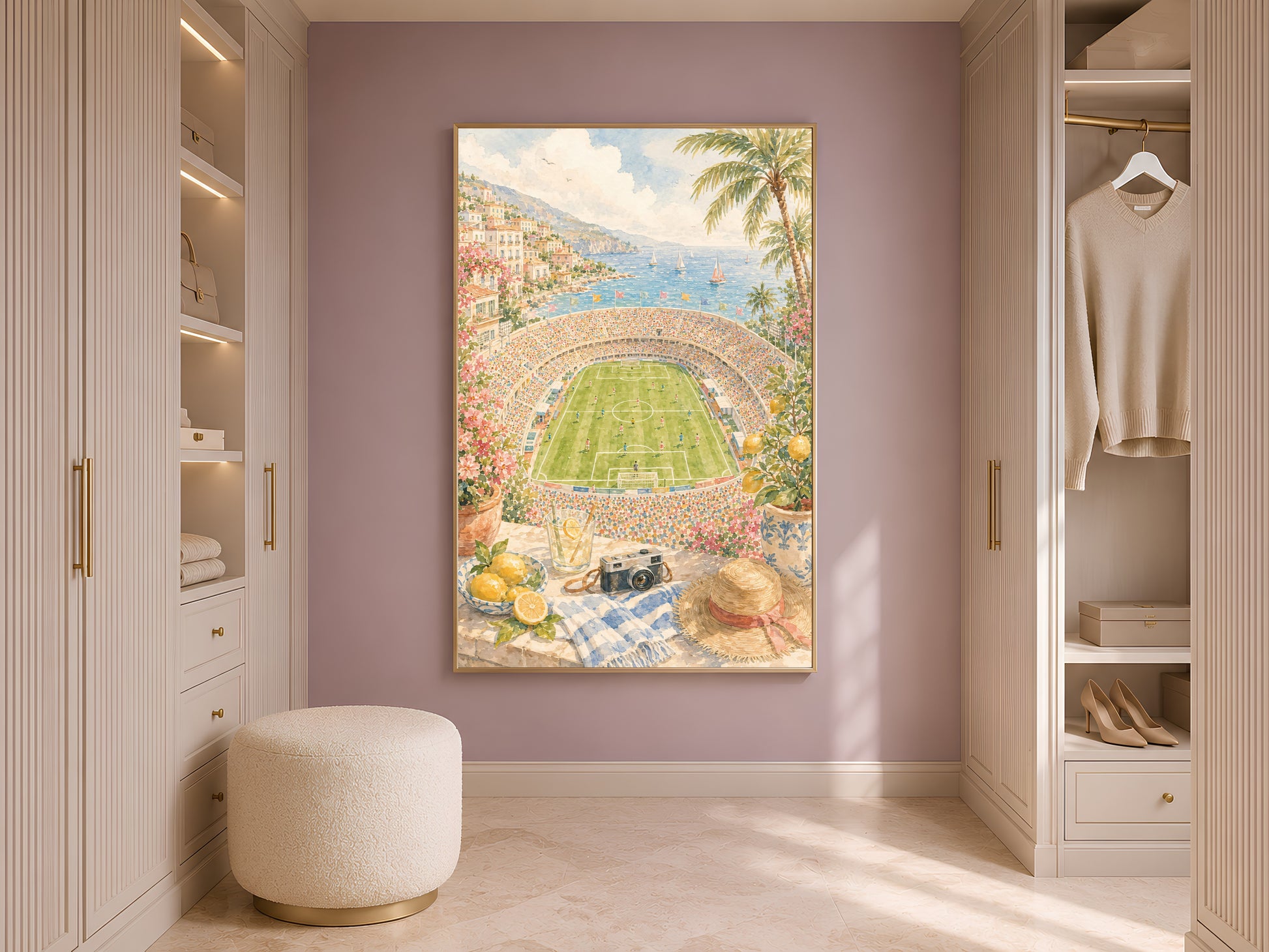 Walk-in closet with built-in shelving and a cream ottoman, framed coastal football stadium print hanging on the wall beside the closet doors.
