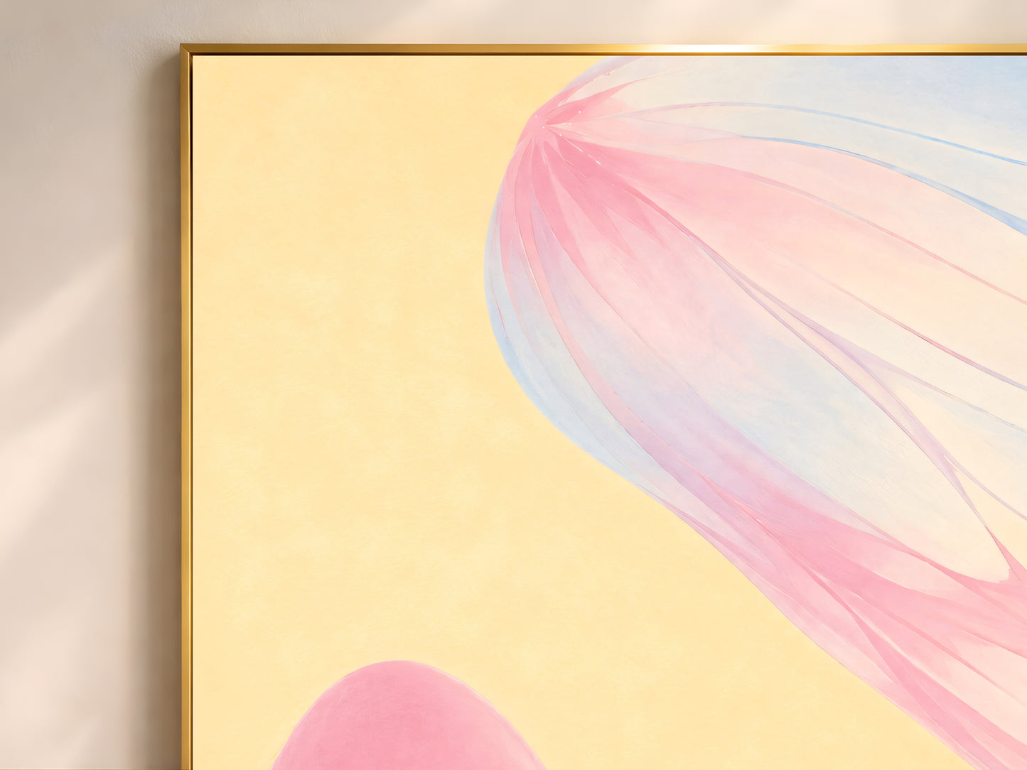 Close-up of pastel gradient wall art texture, translucent pink and blue petal detail