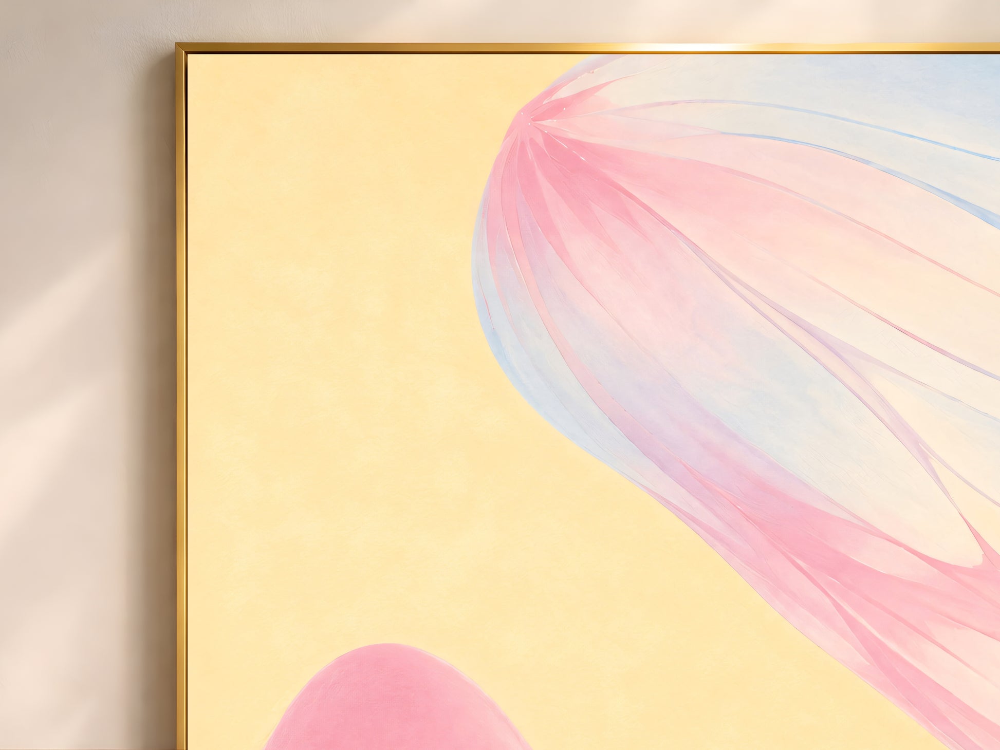 Close-up of pastel gradient wall art texture, translucent pink and blue petal detail