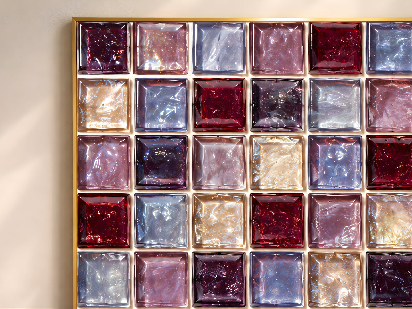 Close-up of the burgundy, plum, lavender, and champagne glass mosaic tile pattern showing the glossy tile texture