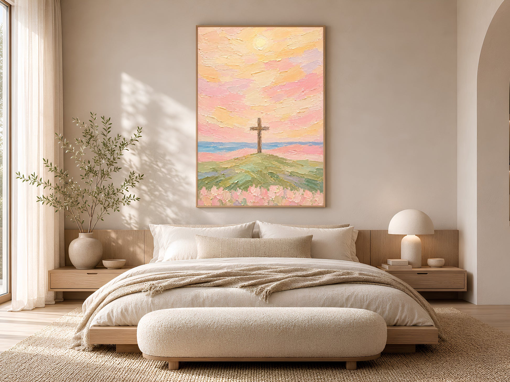 Christian cross wall art print framed above a bed in a warm neutral bedroom.
