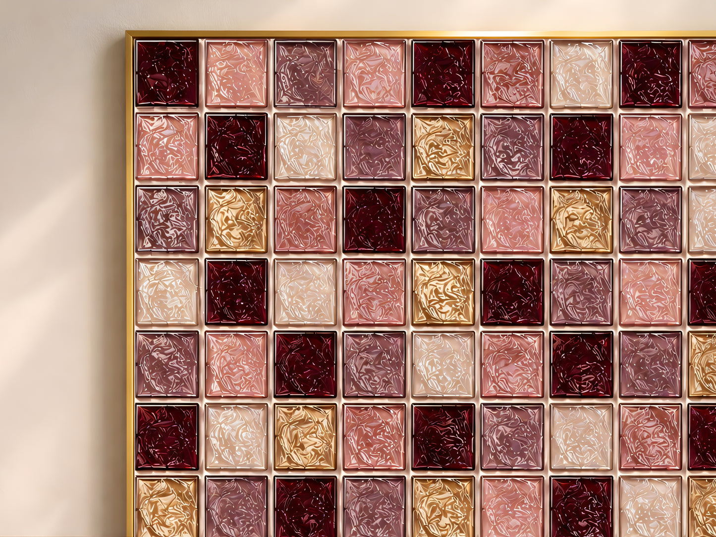 Close-up of glossy jewel-tone mosaic tiles in burgundy, blush, and gold on an abstract print