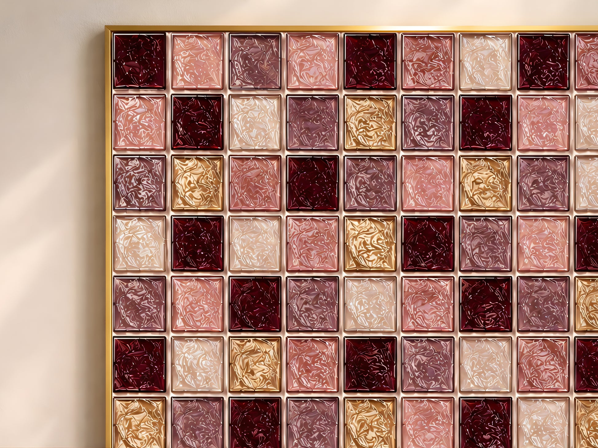 Close-up of glossy jewel-tone mosaic tiles in burgundy, blush, and gold on an abstract print
