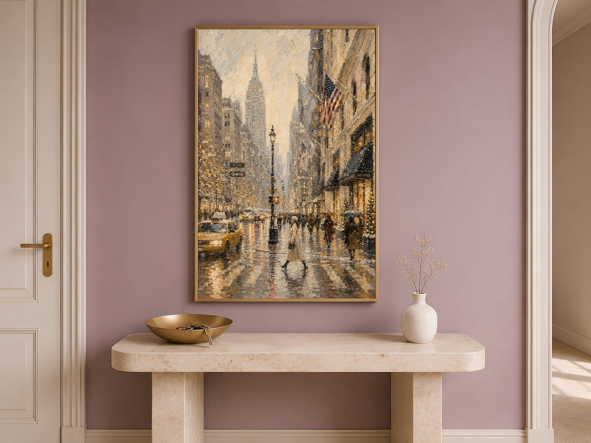 Framed NYC wall art print displayed above console table in entryway with dried flowers
