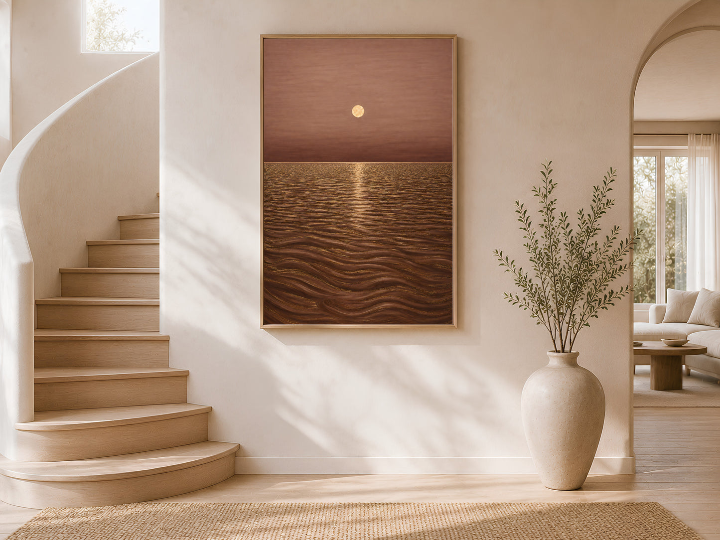 Golden moon ocean wall art framed on curved staircase wall with potted plant
