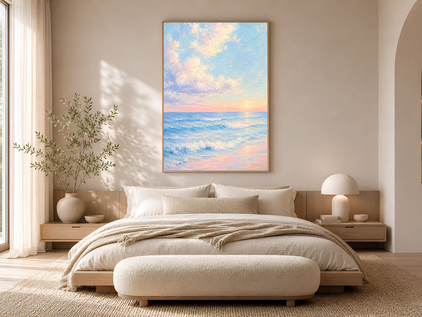 Framed impasto pastel ocean sunrise print on warm beige wall above low platform bed in neutral minimal bedroom with cream bedding
