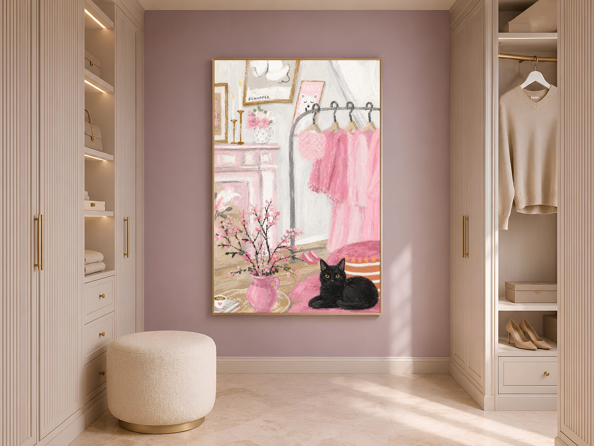 Pink dressing room wall art framed in a walk-in closet, black cat painting closet decor

