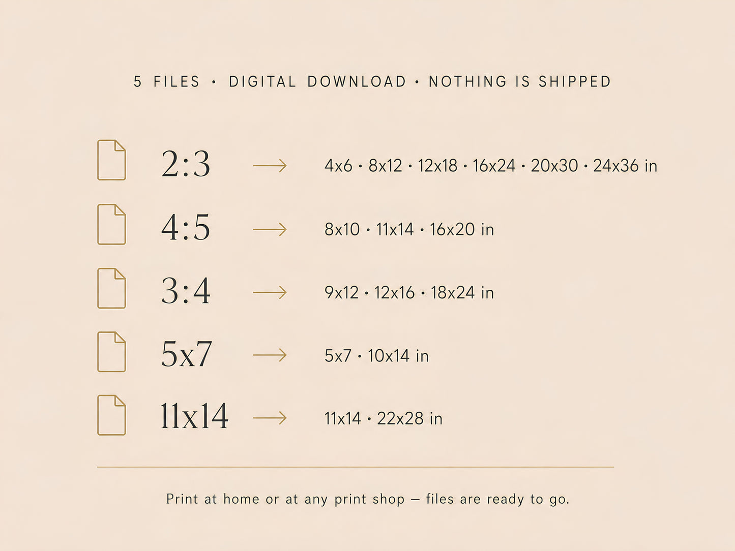 Neutral beige printable wall art sizing guide showing included digital download ratios and dimensions for multiple print sizes.