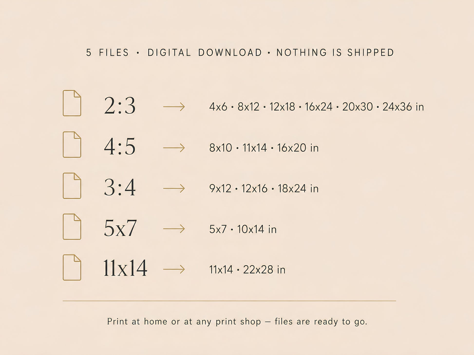 Neutral beige printable wall art sizing guide showing included digital download ratios and dimensions for multiple print sizes.