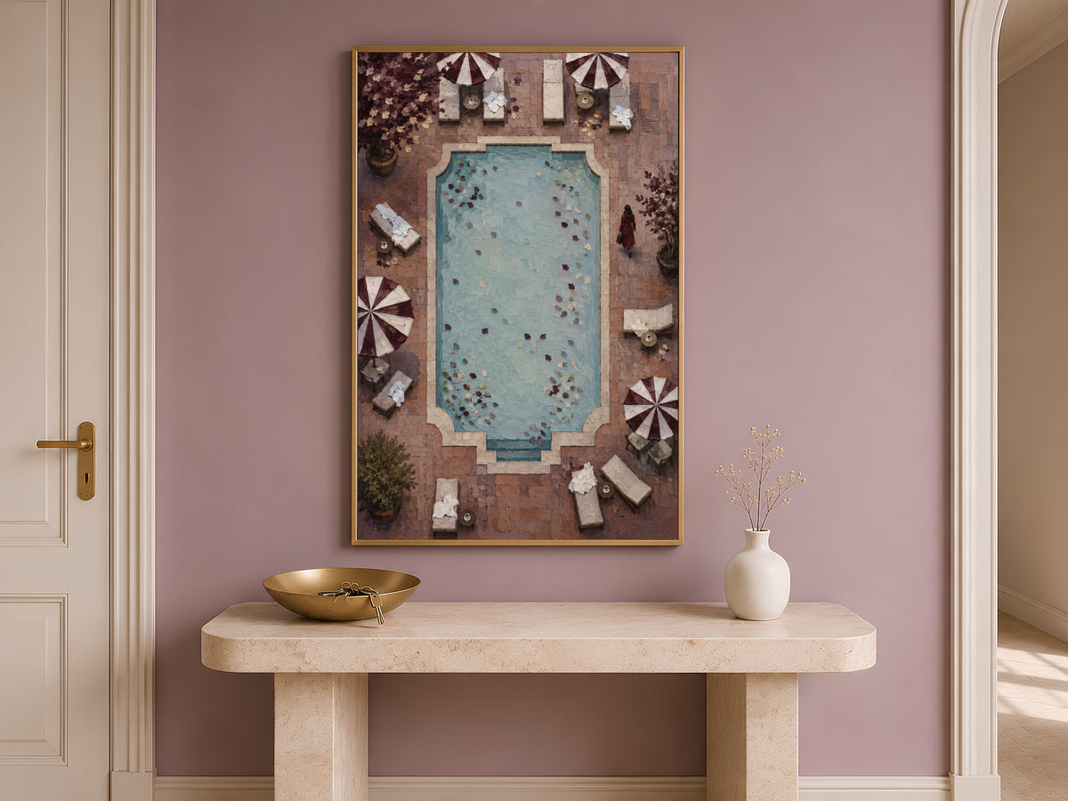 Italian riviera pool painting framed above console table in neutral entryway decor