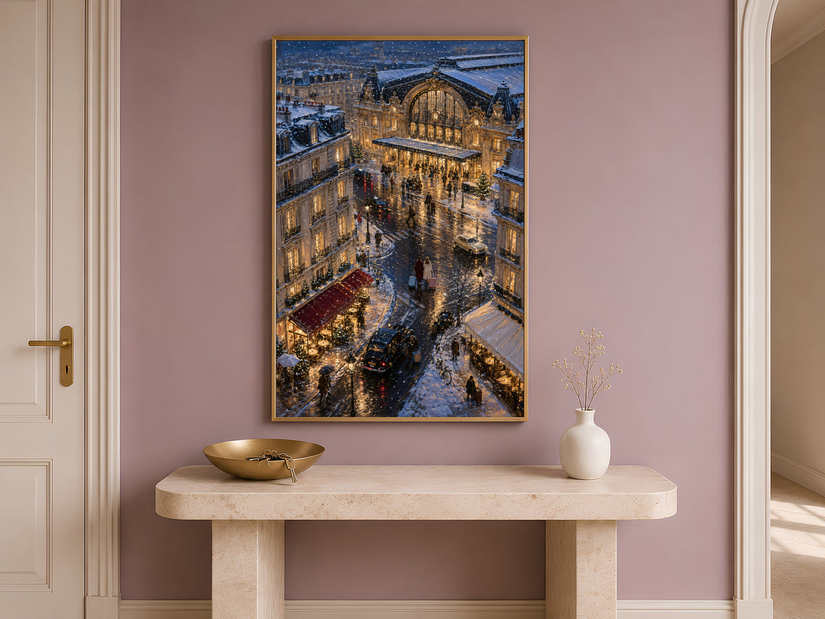 Paris street painting framed above entryway console table with vase
