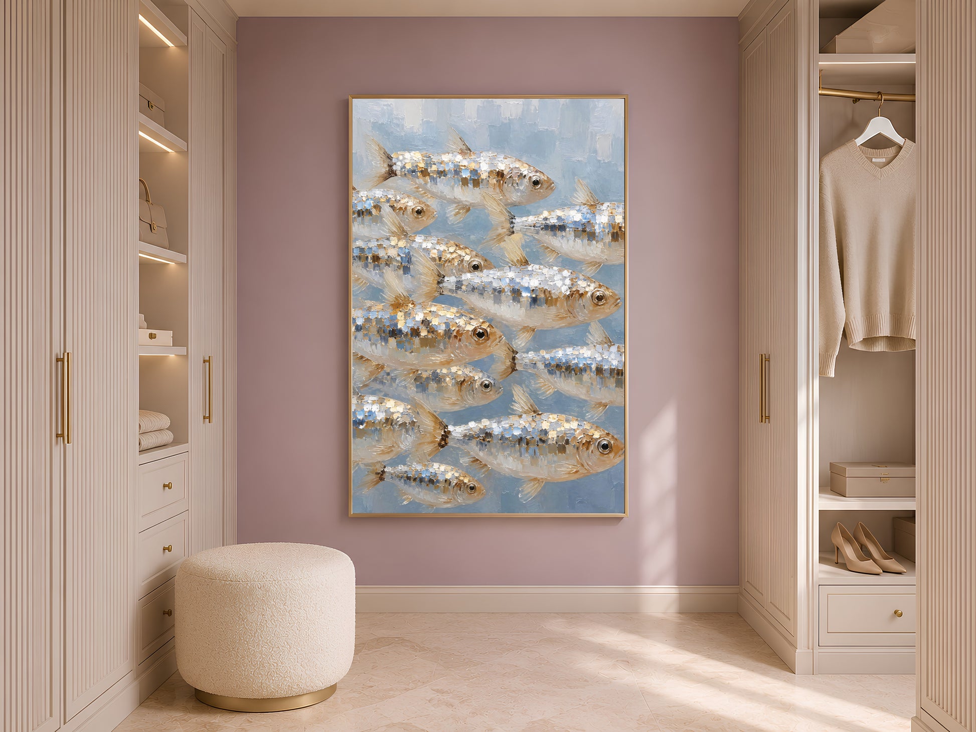 School of fish wall art displayed in a walk-in closet with arched shelving, coastal nautical painting print