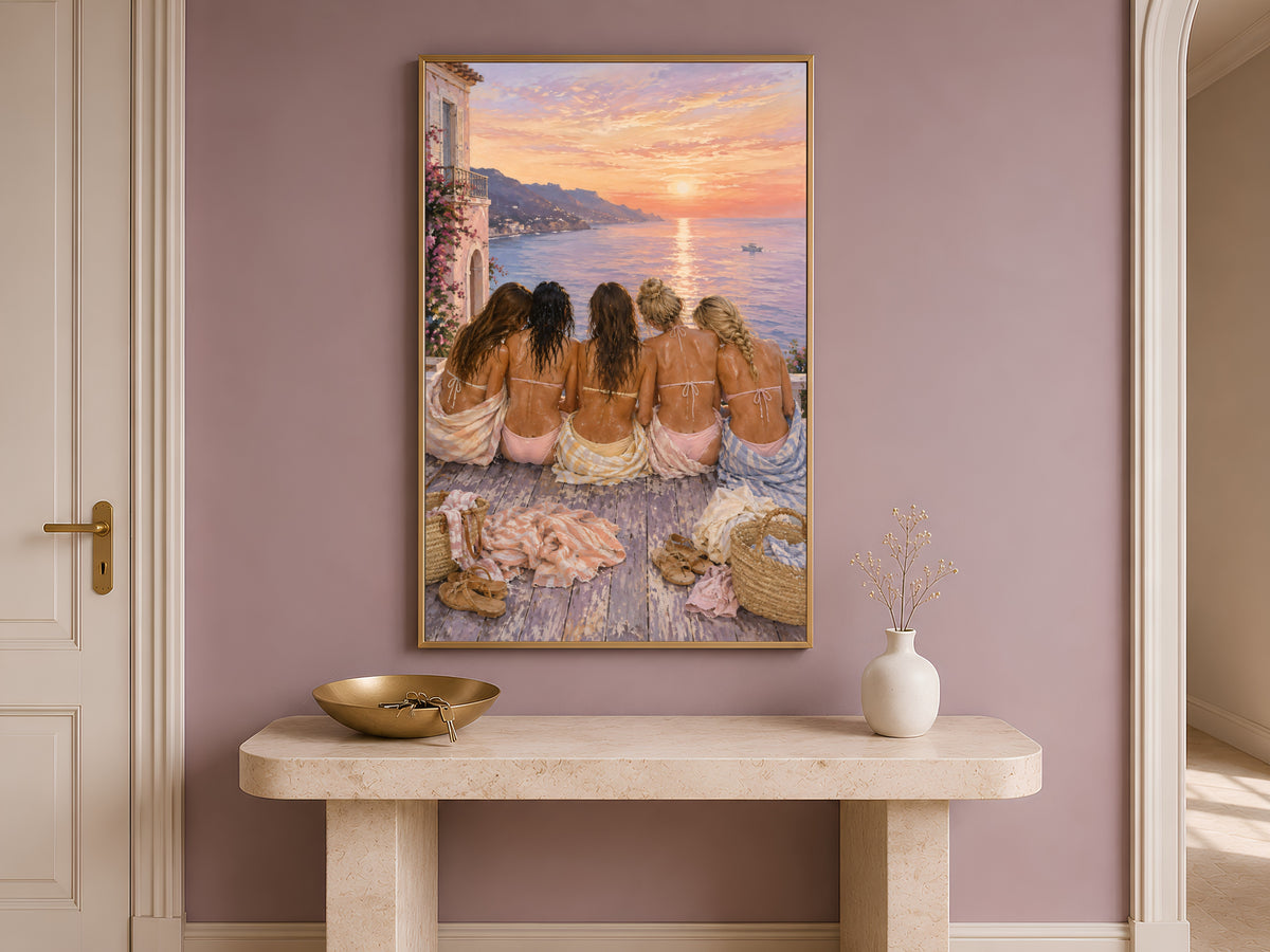 Girls trip Amalfi Coast print framed on a wall above an entryway console table with a bowl