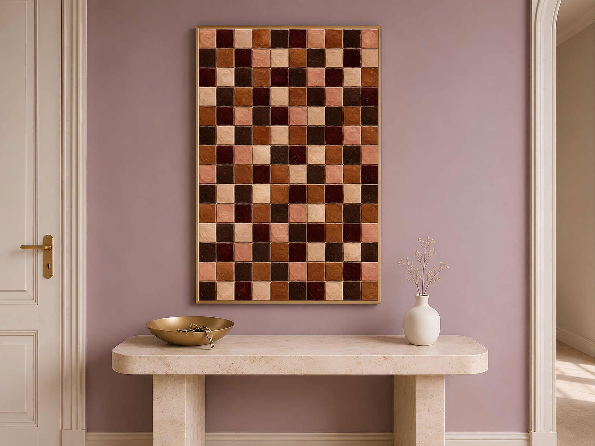 Terracotta and chocolate tile art framed above a console table by a doorway