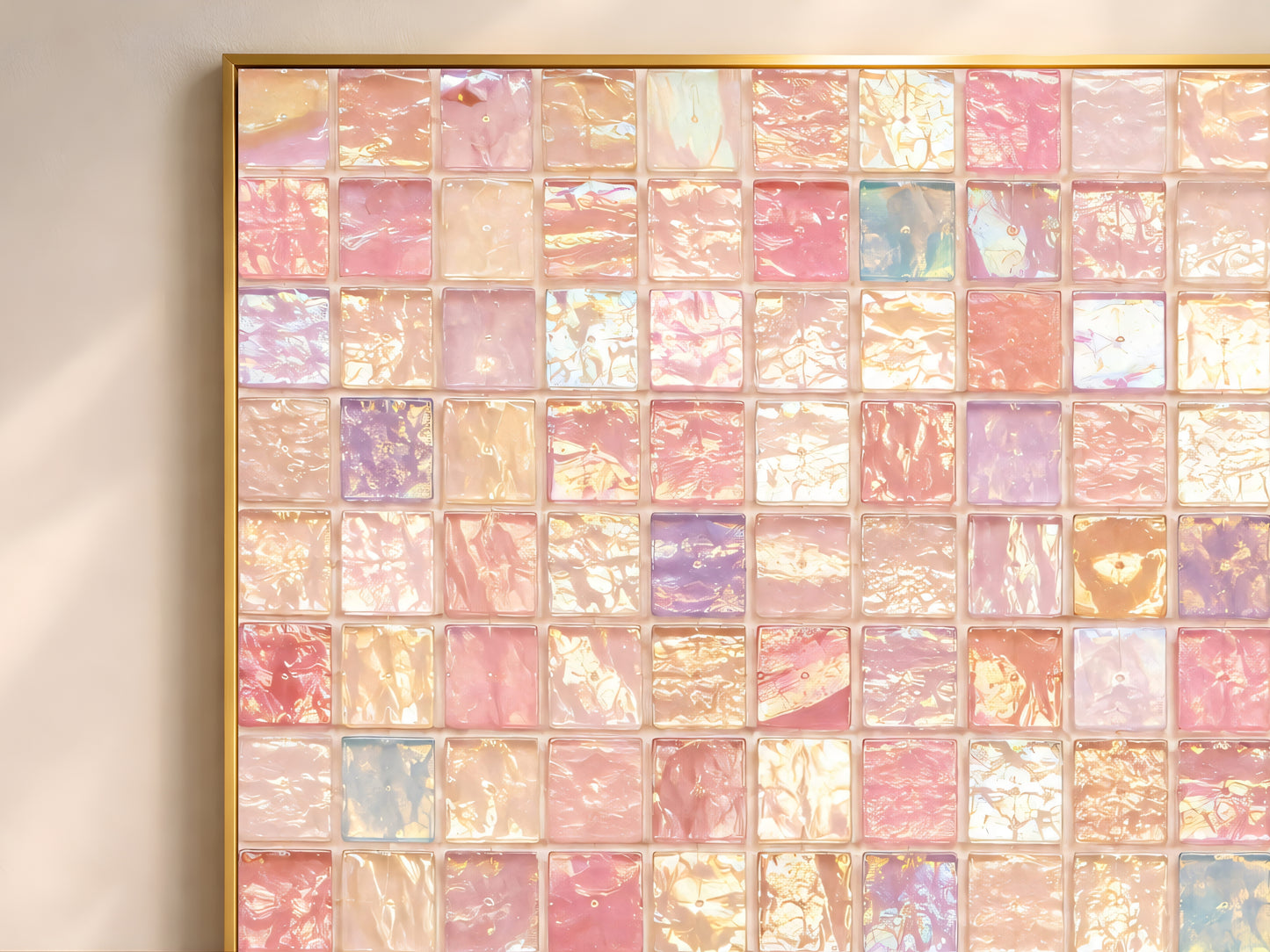 Close-up of iridescent mosaic print texture, pink lavender gold glass tile pattern
