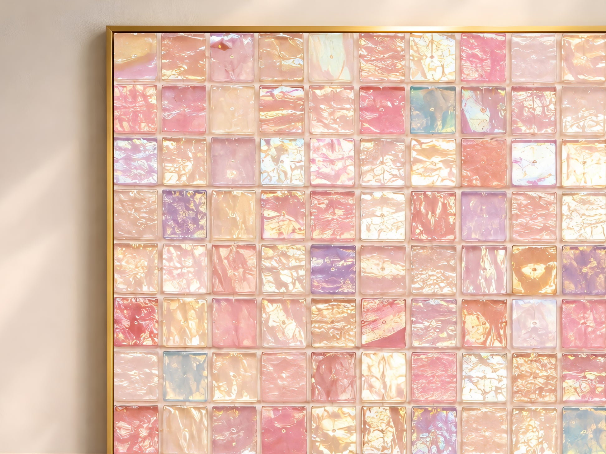 Close-up of iridescent mosaic print texture, pink lavender gold glass tile pattern