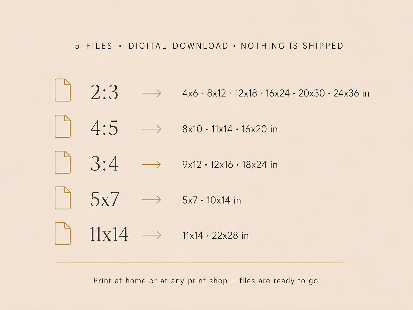 What's Included infographic showing all file ratios: 2:3, 4:5, 3:4, 5×7, 11×14 with print sizes listed on cream background

