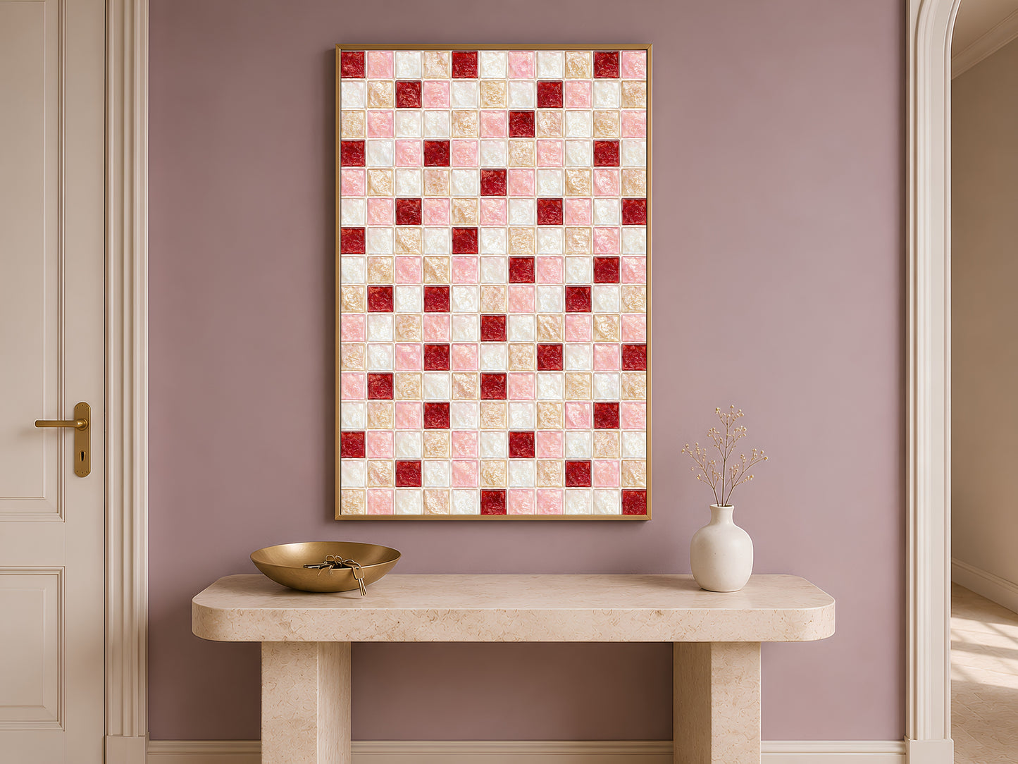 Coquette pink red mosaic wall art print framed above a console table in a mauve entryway