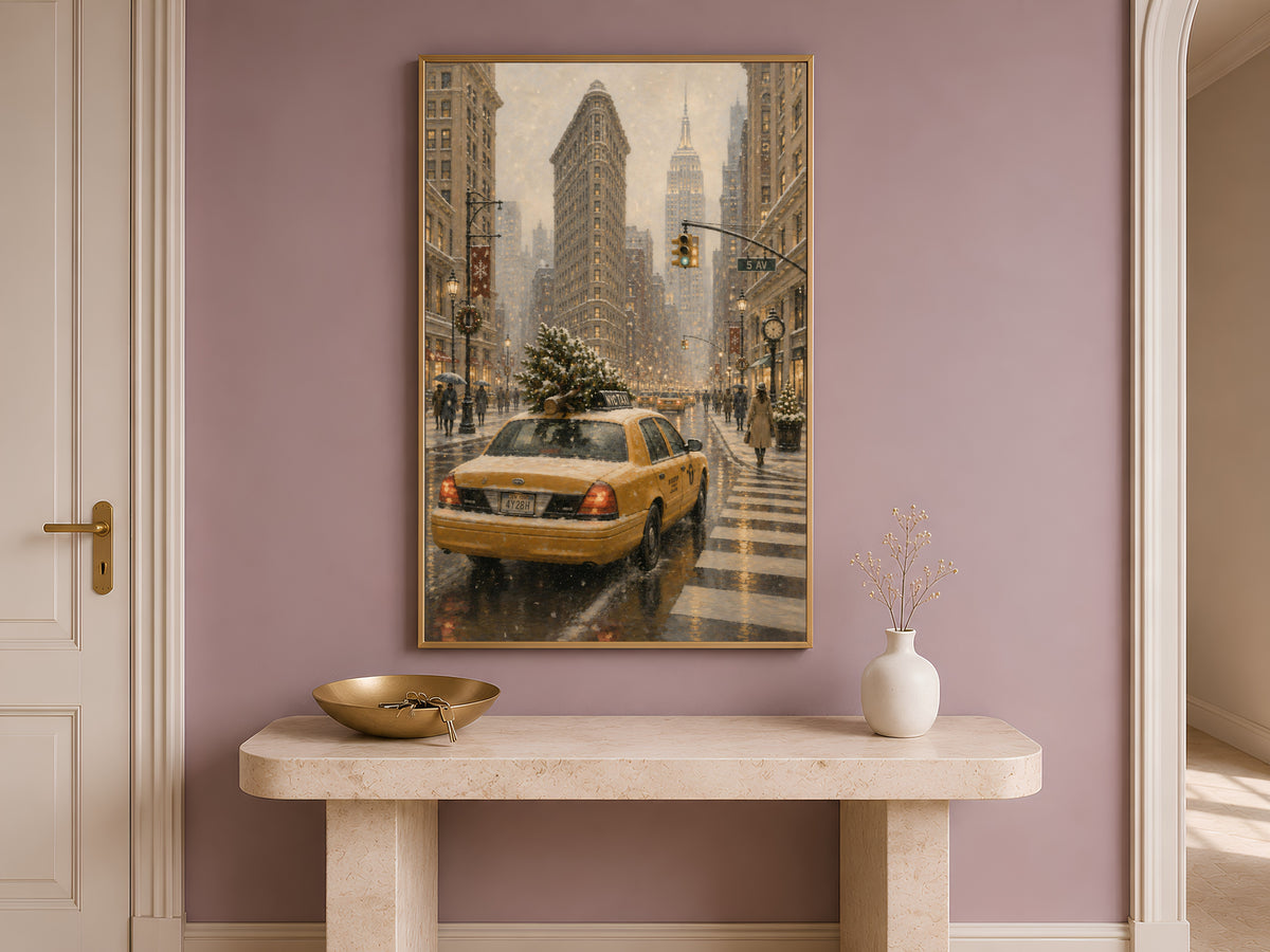 Flatiron Building NYC wall art framed print displayed above console table in entryway