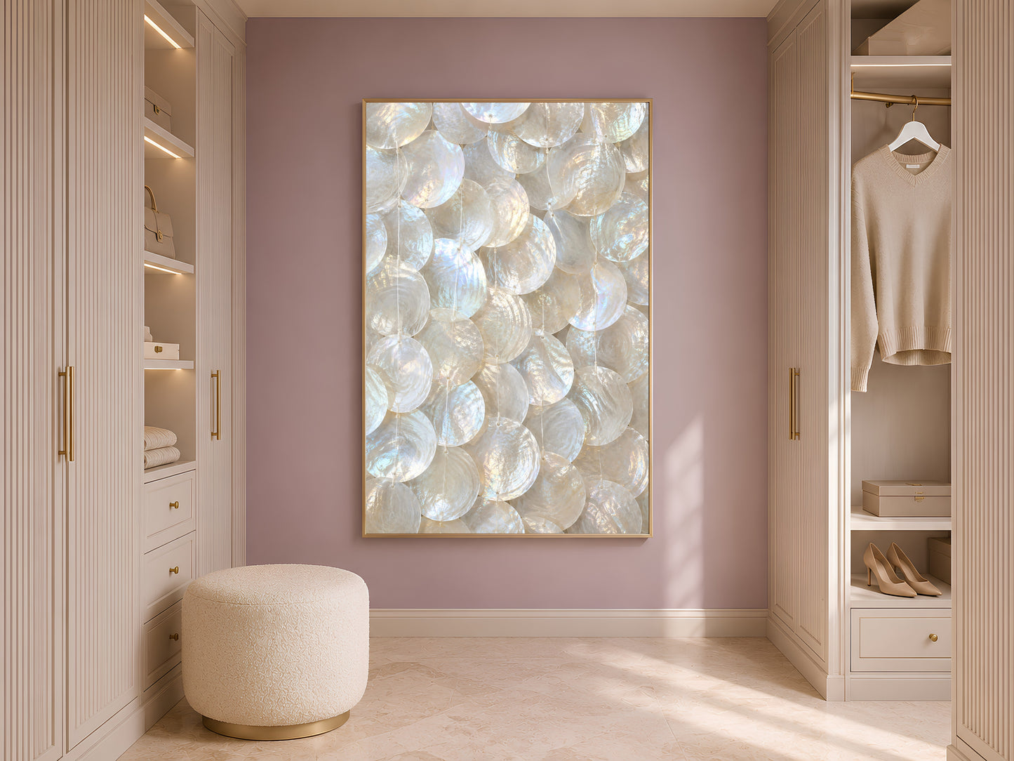 Capiz shell wall art print in a gold frame above a pouf in a light, minimalist walk-in closet.

