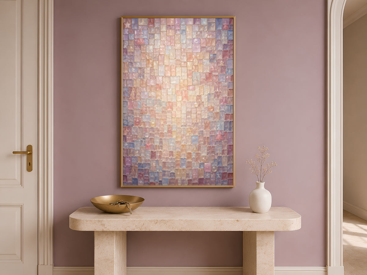 Framed stained glass mosaic print on a wall above an entryway console table with a bowl