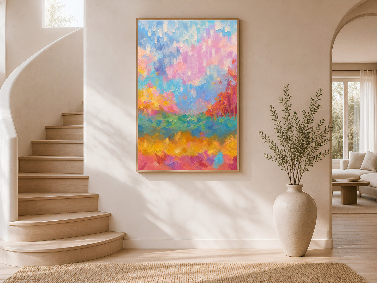 Rainbow abstract landscape wall art framed on curved staircase wall with vase

